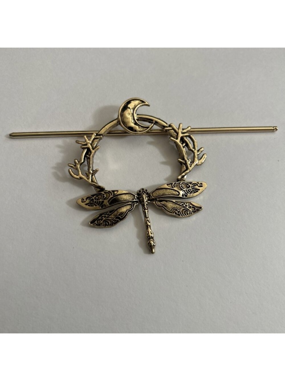 Beautiful Dragon Fly Gold Metal Hair Pin 3” W/ Moon Nature Branch Mythical New
